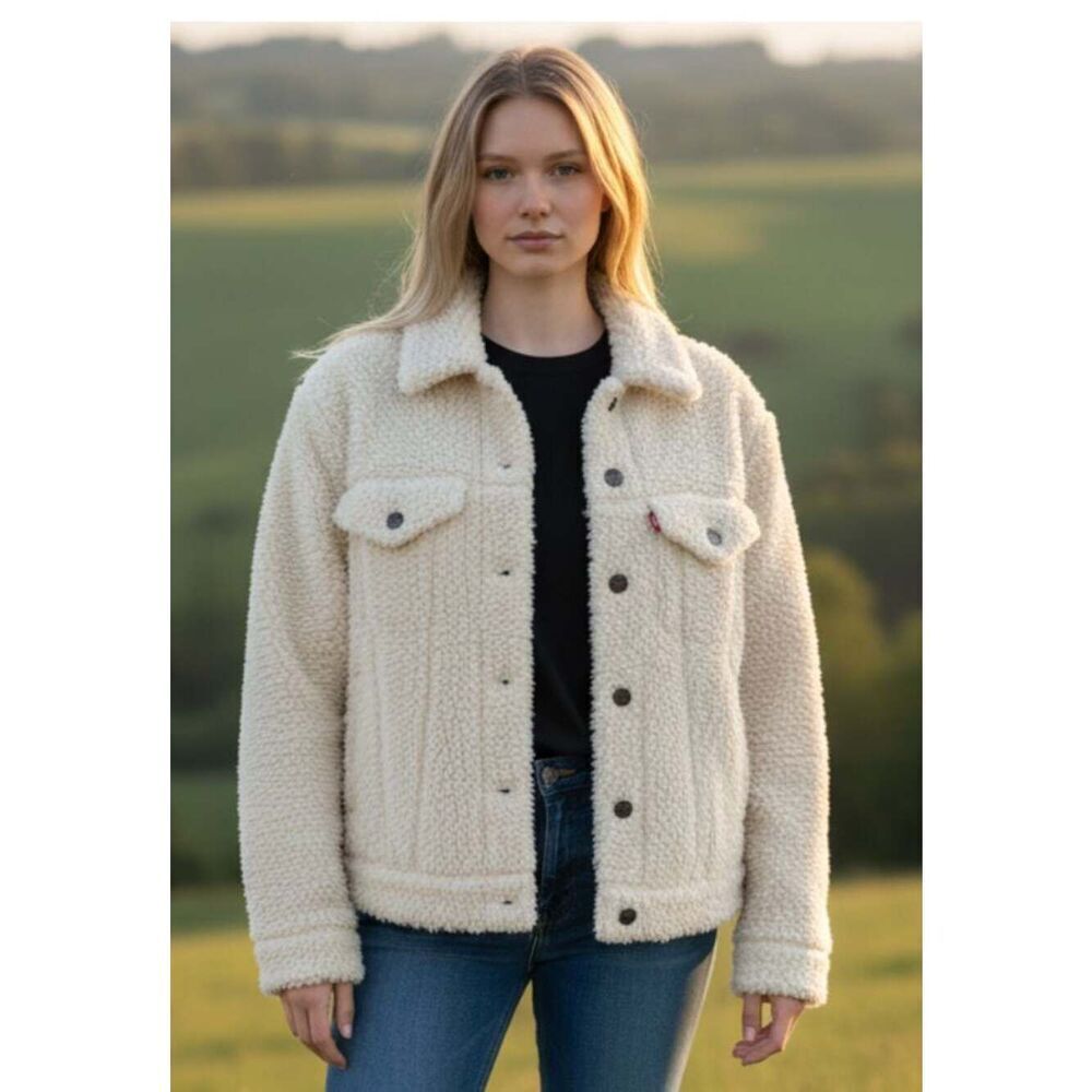 Levi's Sherpa Shearling Jacket Off White Women's size Medium Faux Sheepskin
